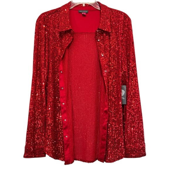VINCE CAMUTO Sequin Shirt, Long Sleeve, Snaps-Up, Color Ultra Red, Size Large - Picture 6 of 10